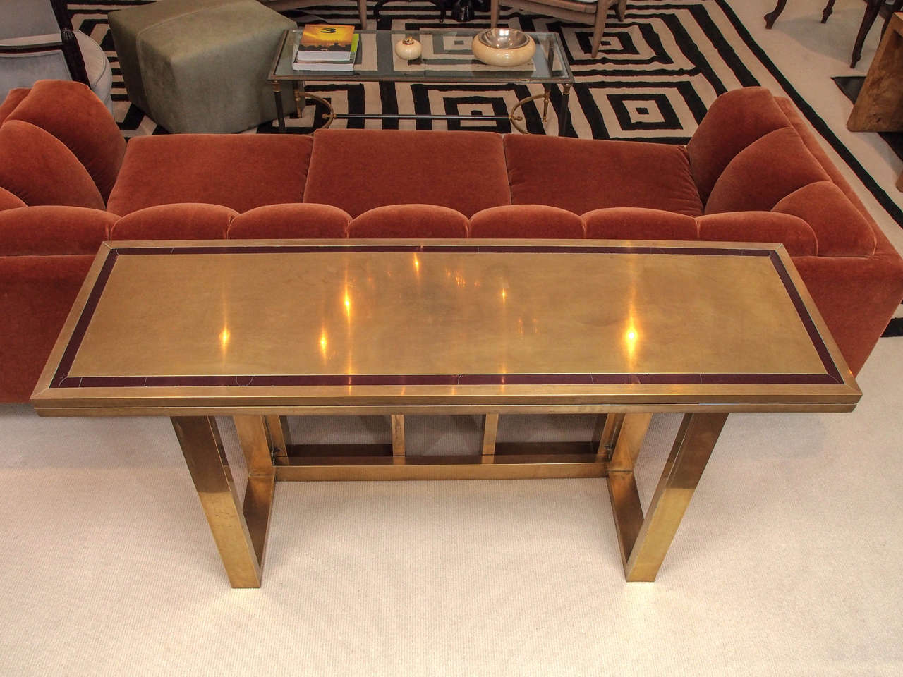 French Rare Folding Console by Jansen in Brass and Red Lacquer